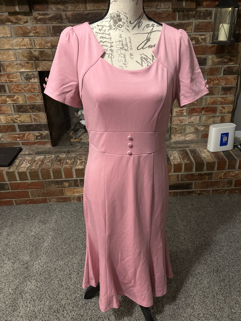Allegra K Soft Pink Midi Dress with Button Waist
